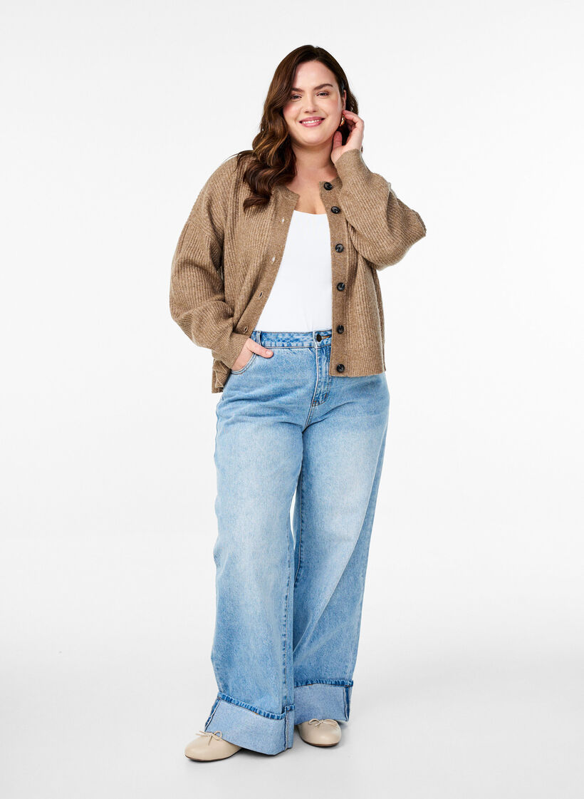 Kardigan z dzianiny w prazki, zapinany na guziki, Brązowy, Model image number 1