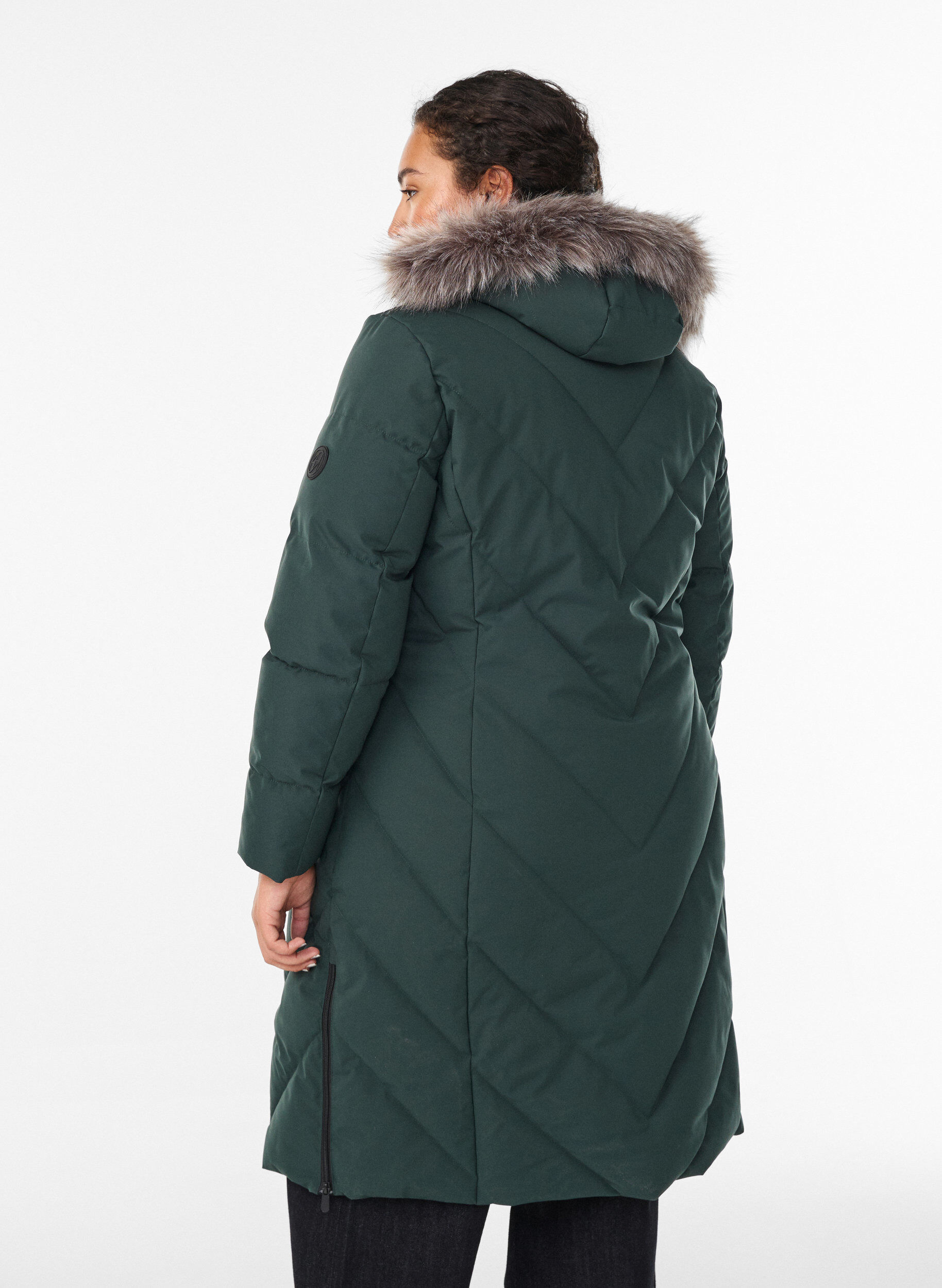 ZizziDlugi plaszcz zimowy z zapieciem na haczyki i kolnierzem ze sztucznego futra, Zielony, Model image number 2
