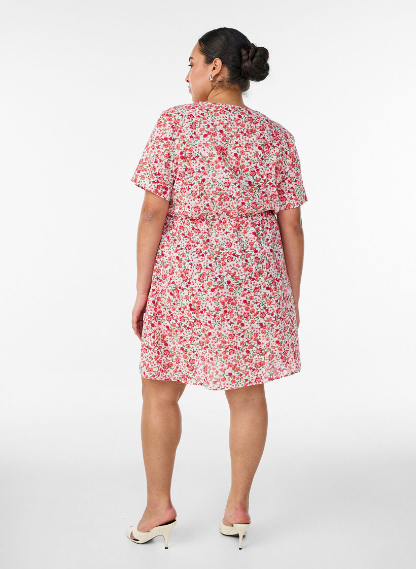 Kr&oacute;tka bawelniana sukienka z kwiatowym nadrukiem, Czerwony, Model image number 2