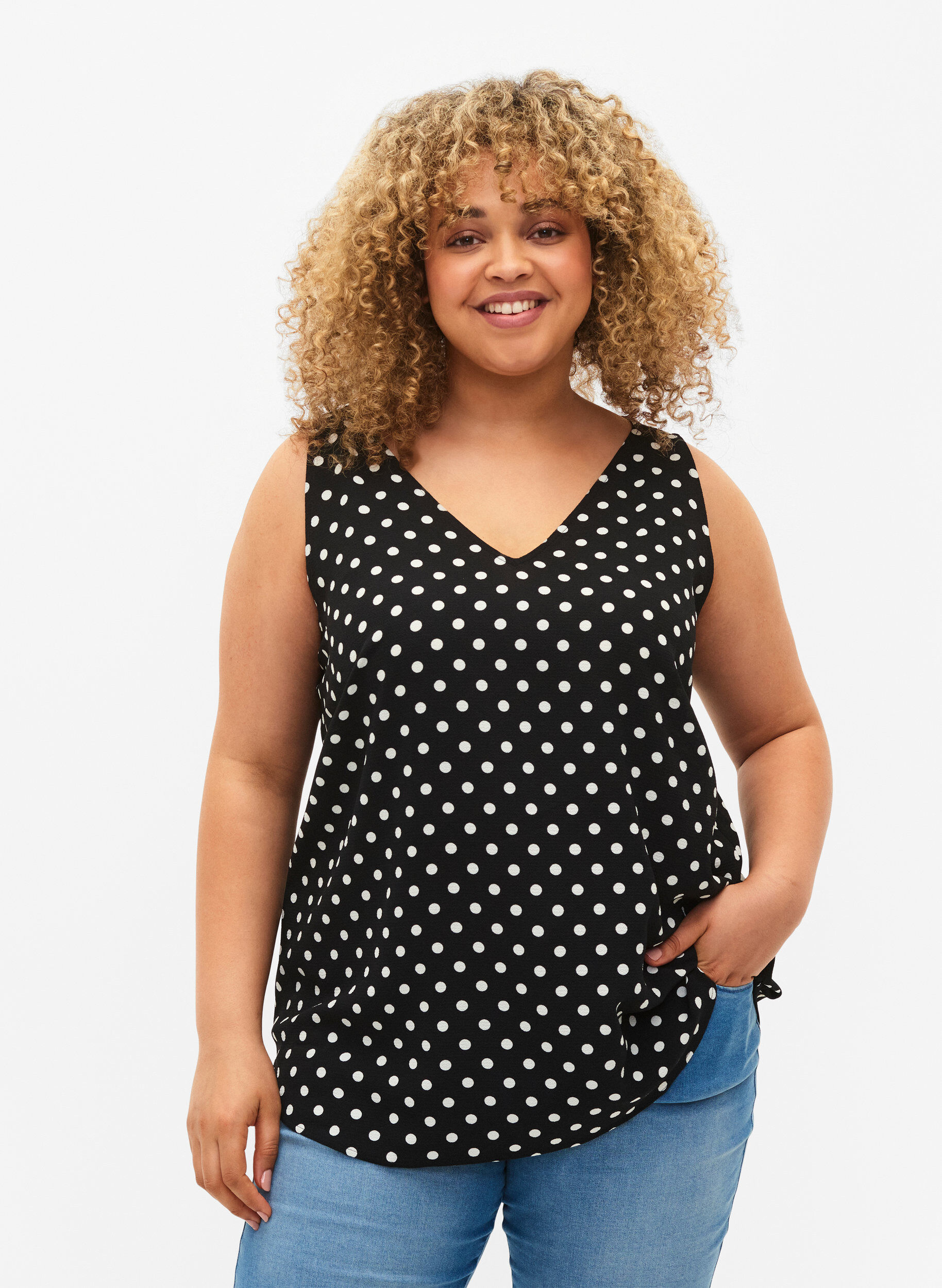 Zizzi Wzorzysty top z dekoltem w serek, Black Dot, Model image number 0