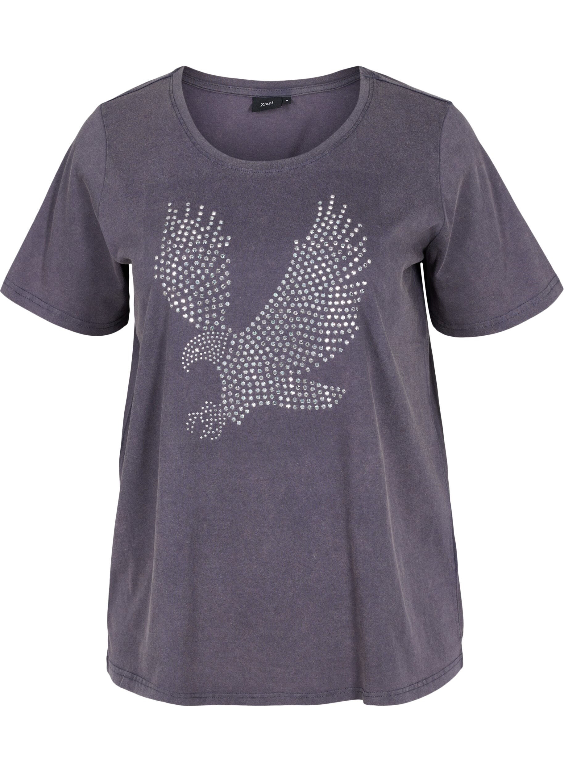 Zizzi Cotton t-shirt in acid wash and stones, Dark Grey Wash, Packshot image number 0