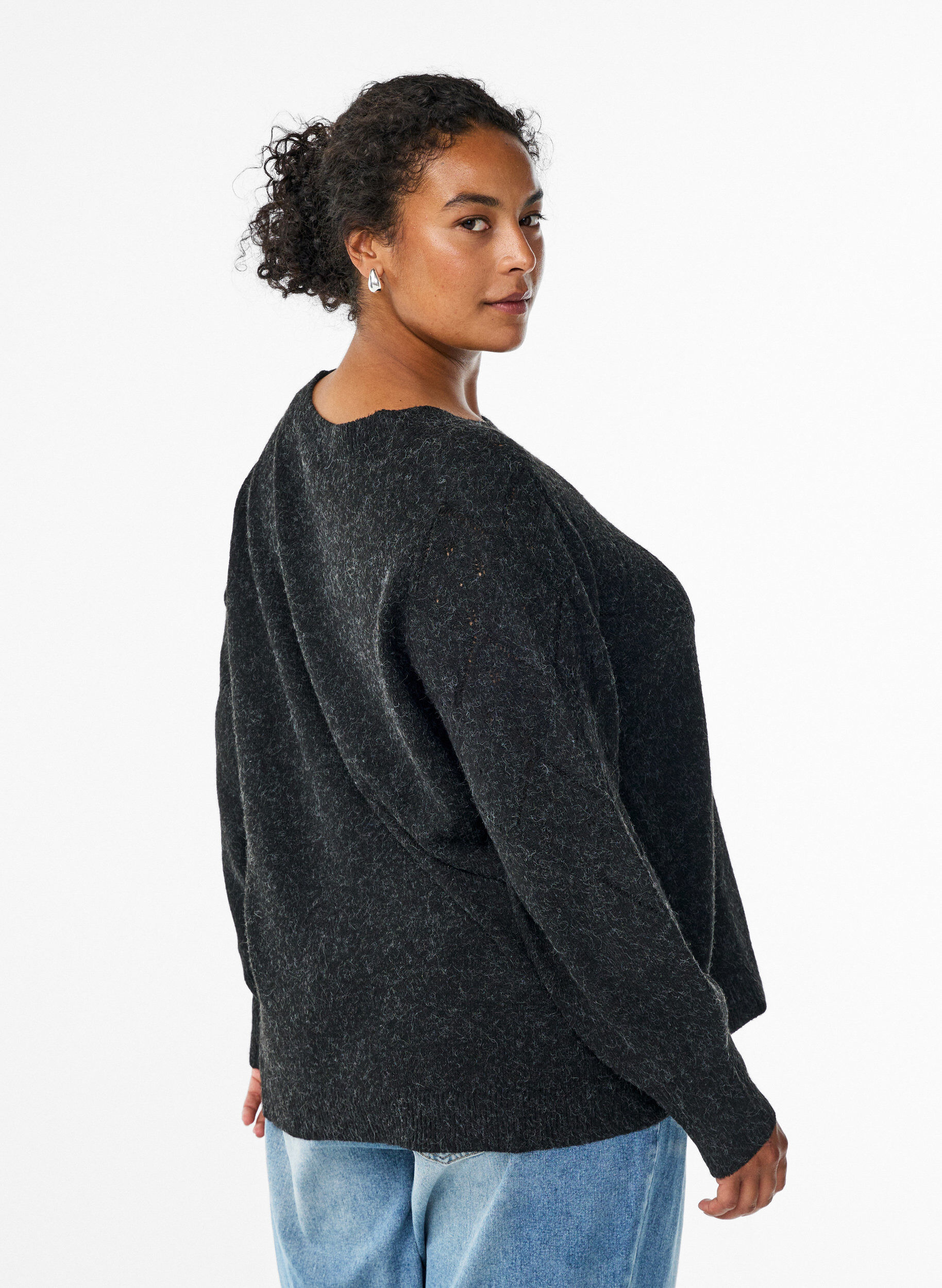 Zizzi Dzianinowy top z azurowym wzorem i bufiastymi rekawami, Ciemnoszary, Model image number 2