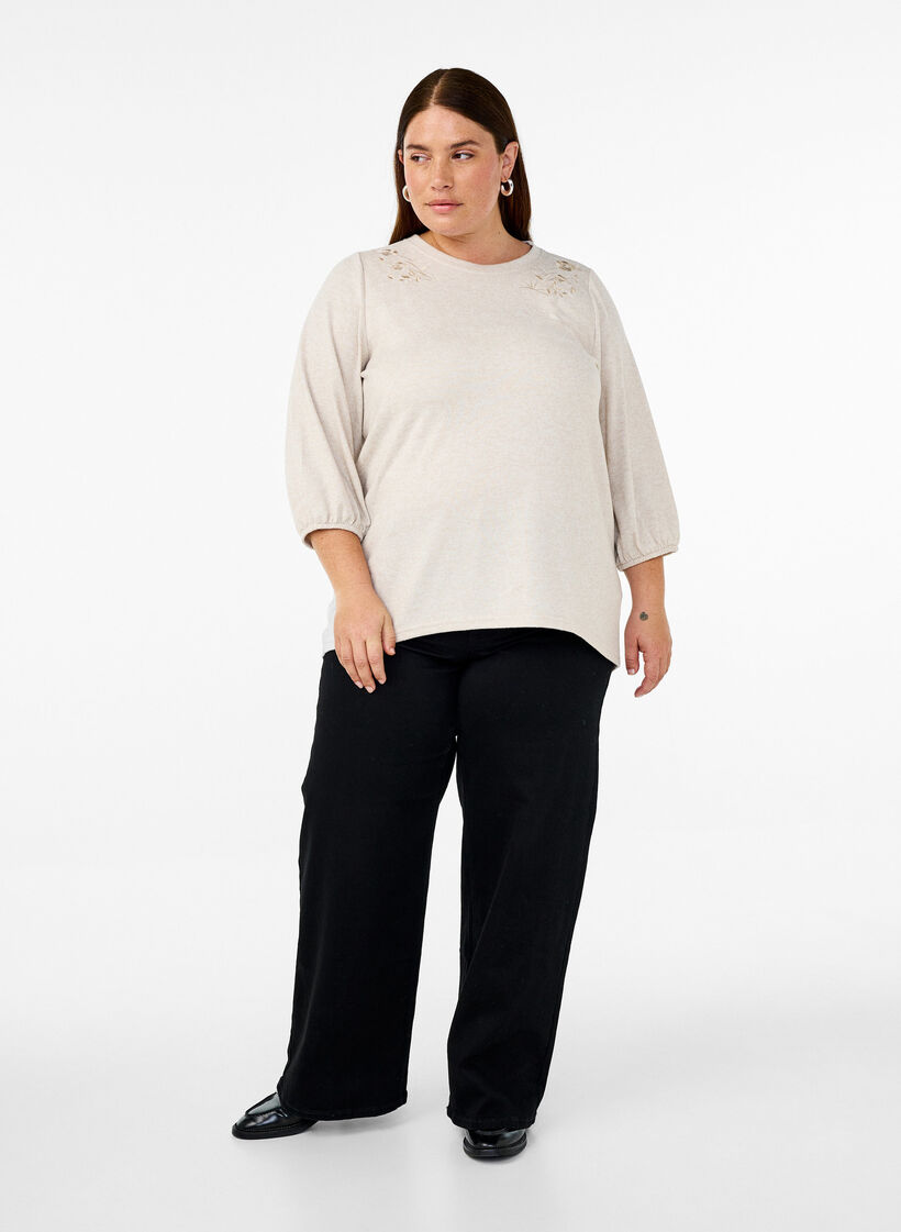 Bluzka z kwiatowym haftem i rekawami 3/4, Oatmeal Melange, Model image number 2