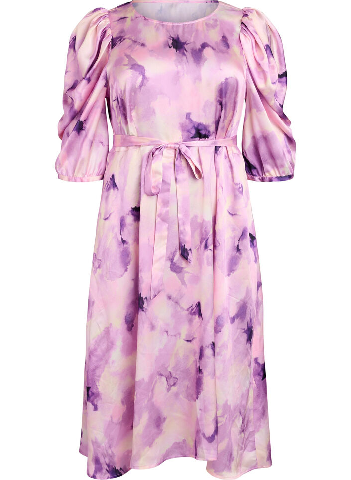 Sukienka imprezowa z kr&oacute;tkim rekawem i wiazanym paskiem, Fioletowy, Packshot image number 0