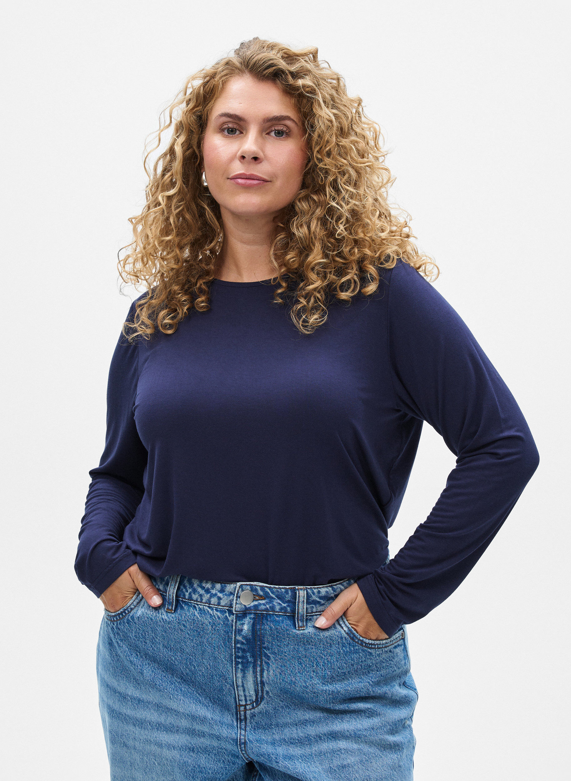 ZizziBluzka w jednolitym kolorze z dlugim rekawem, Niebieskie, Model image number 0