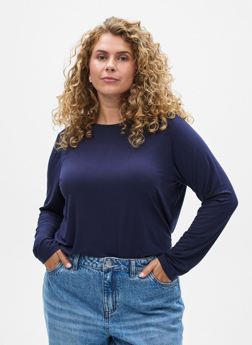 Bluzka w jednolitym kolorze z dlugim rekawem, Niebieskie, Model image number 0