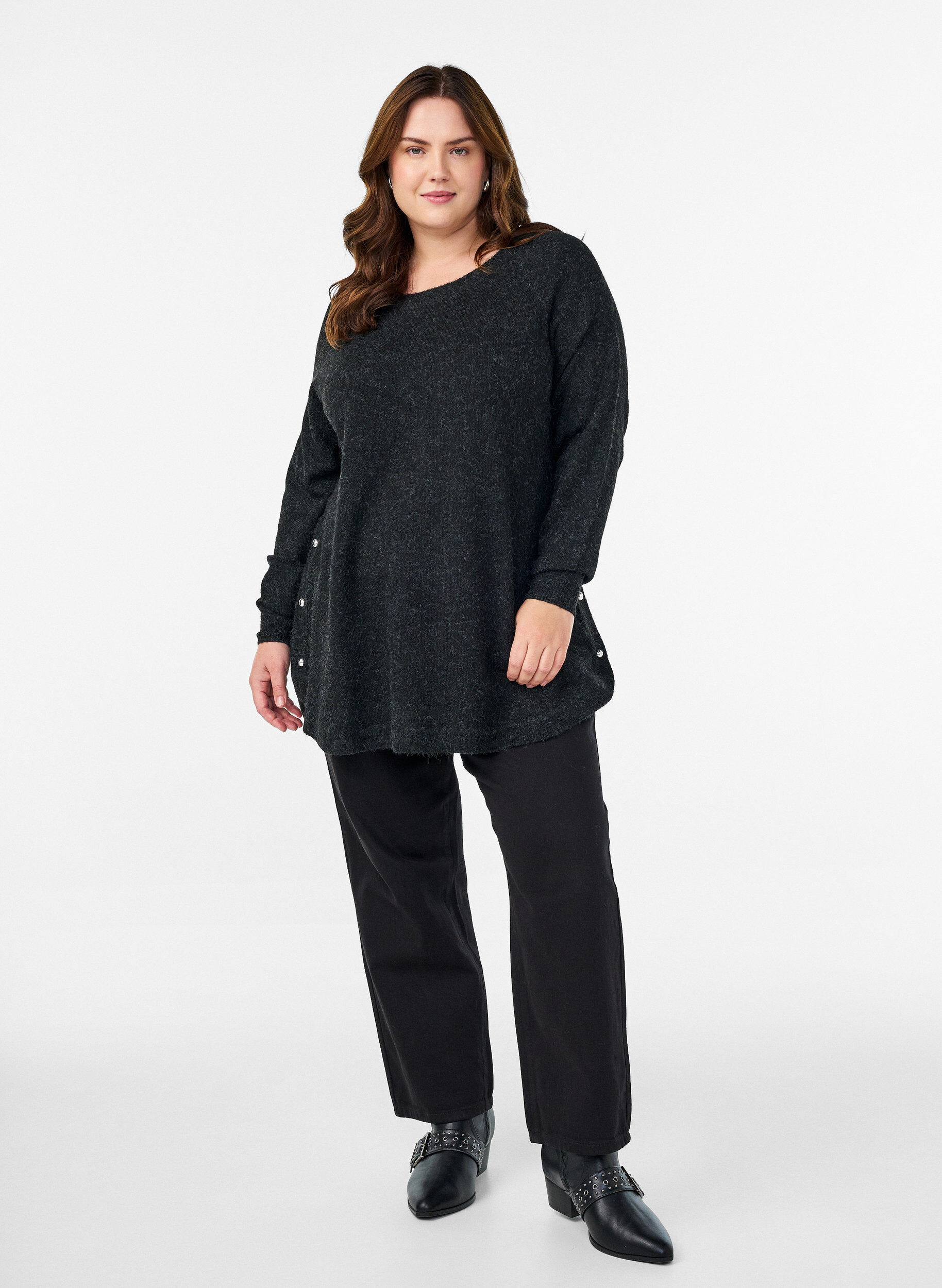 Zizzi Dluga bluzka dzianinowa z guziki w ksztalcie kuli, Ciemnoszary, Model image number 1