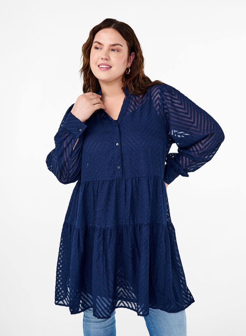 Krótka sukienka z faktura i falbaniastym kolnierzykiem, Navy Blazer, Model image number 0