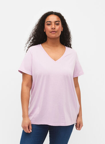 T-shirt z krótkim rekawem i dekoltem w szpic, Lavender Frost, Model image number 0