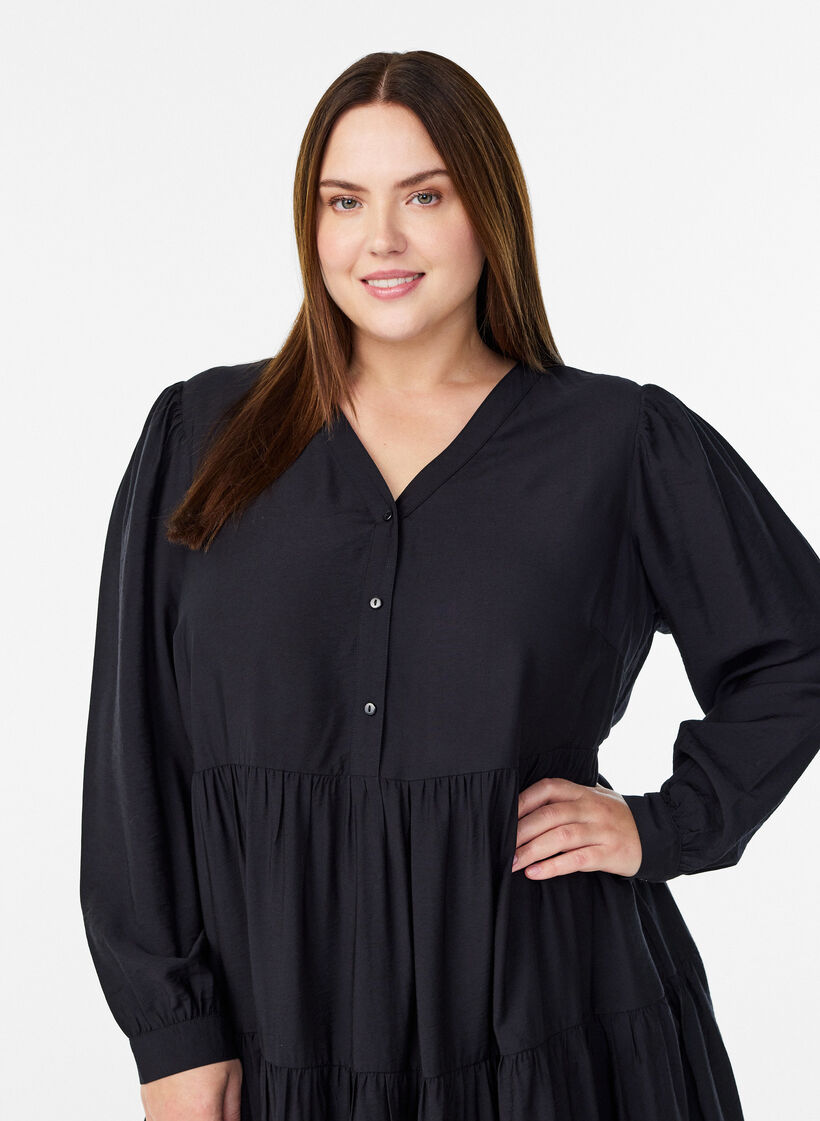 Sukienka midi z dekoltem w ksztalcie litery V i krojem A, Czarne, Model image number 2