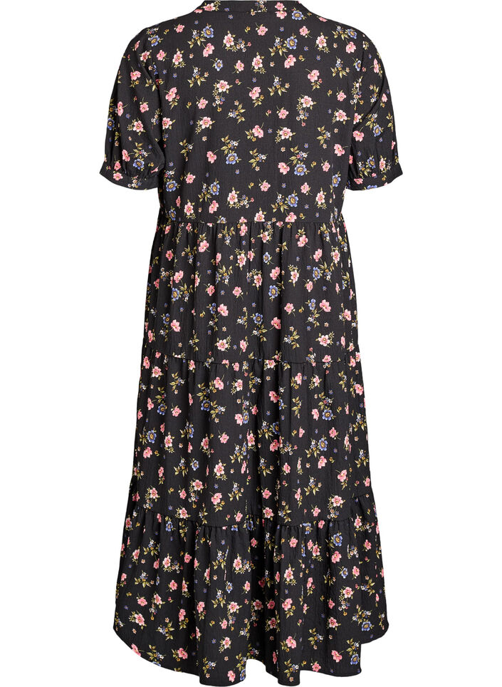 Sukienka do kostek z kr&oacute;tkim rekawem i warstwowymi falbankami, Czarne, Packshot image number 1