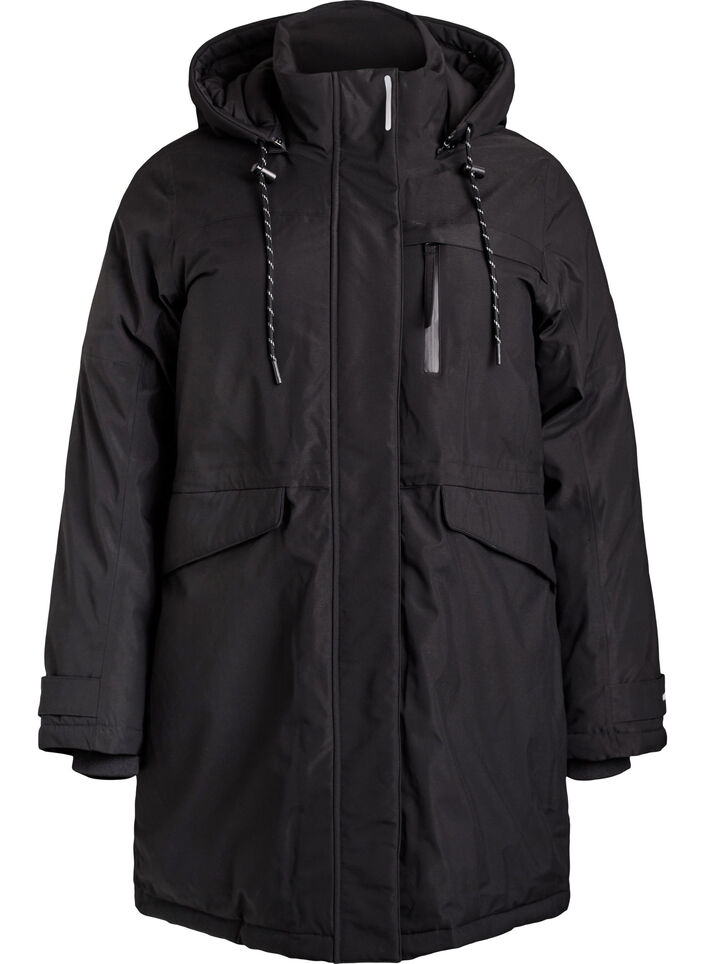 Hydrofobowa parka z kapturem i funkcjonalnymi detalami, Czarne, Packshot image number 0