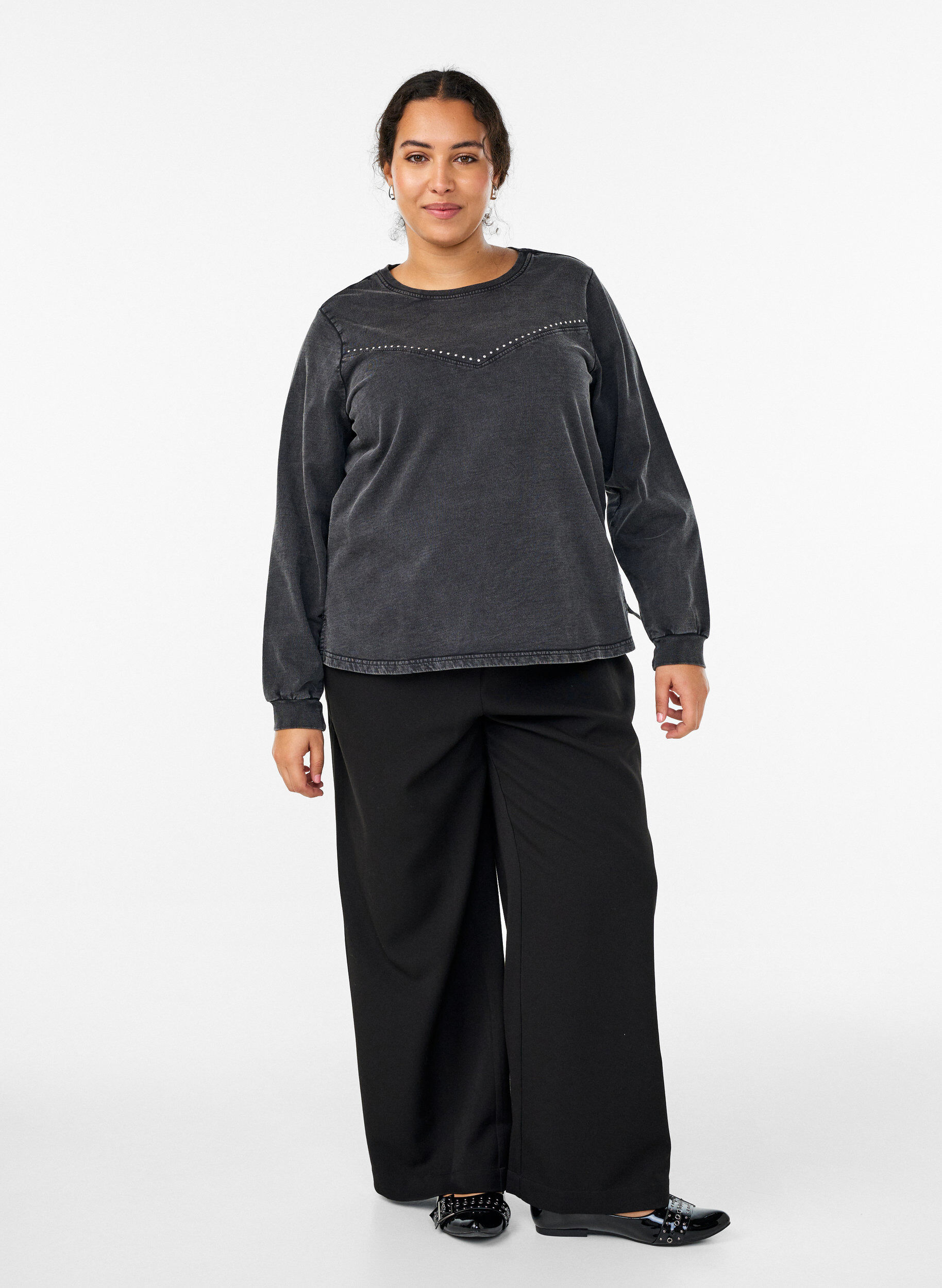 Zizzi Bluza z cyrkoniami i efektem sprania, Ciemnoszary, Model image number 1