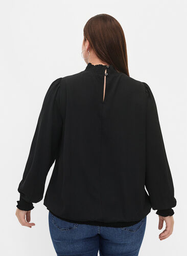 Bluzka z marszczeniem i dlugim rekawem w jednolitym kolorze, Black, Model image number 1
