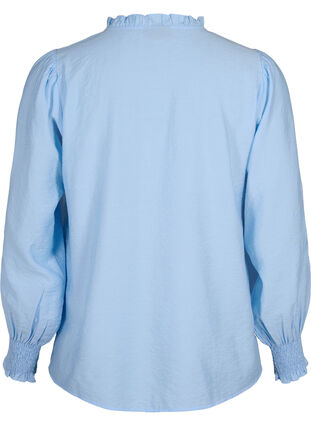 Bluzka z marszczeniami i haftem angielskim, Chambray Blue, Packshot image number 1