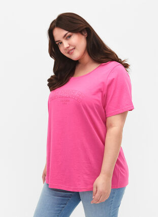 Bawelniana koszulka z nadrukiem tekstowym, Shocking Pink W. LOS, Model image number 0