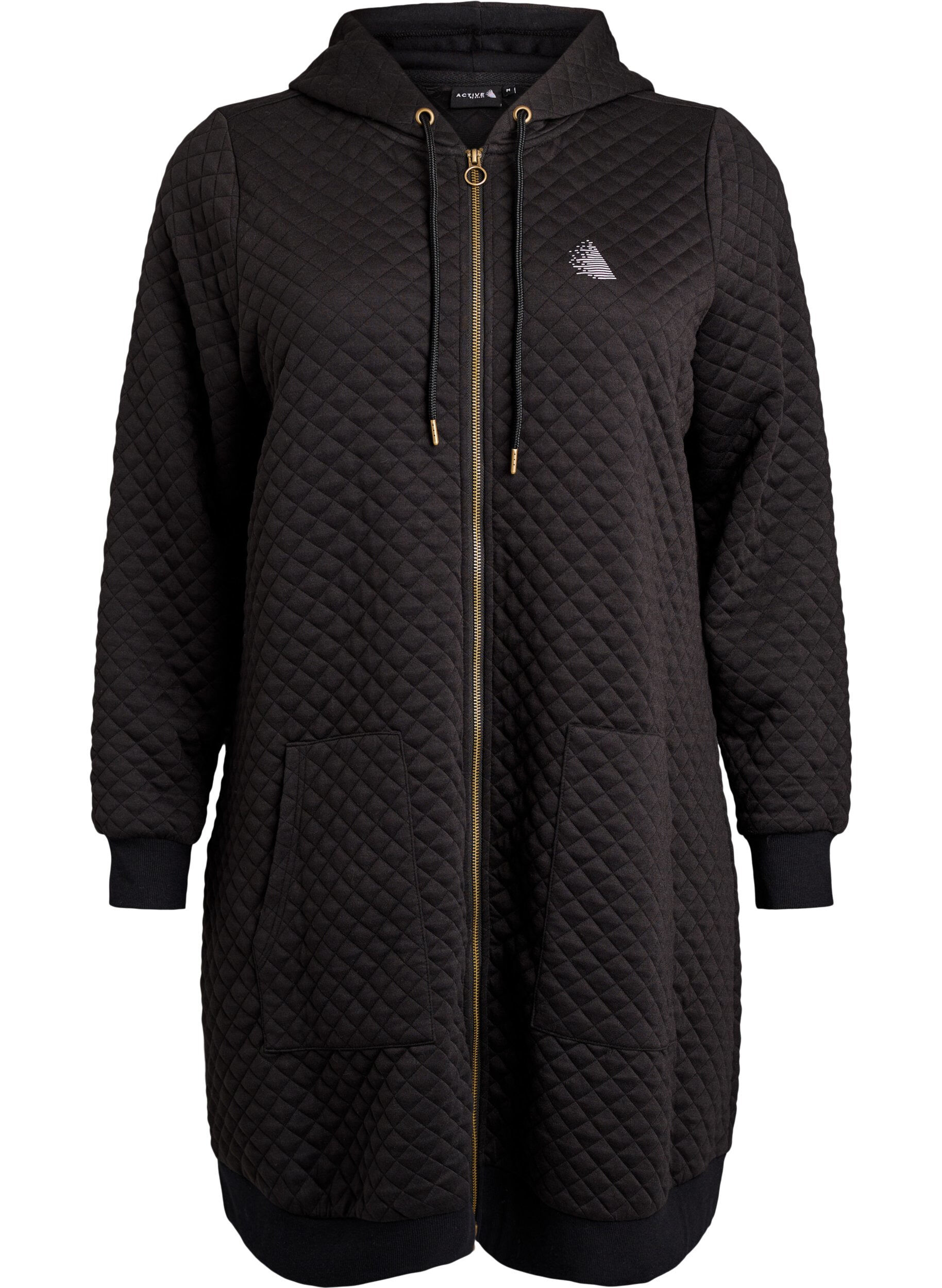 Zizzi Dluga, pikowana bluza z kapturem na zamek z kieszeniami, Czarne, Packshot image number 0