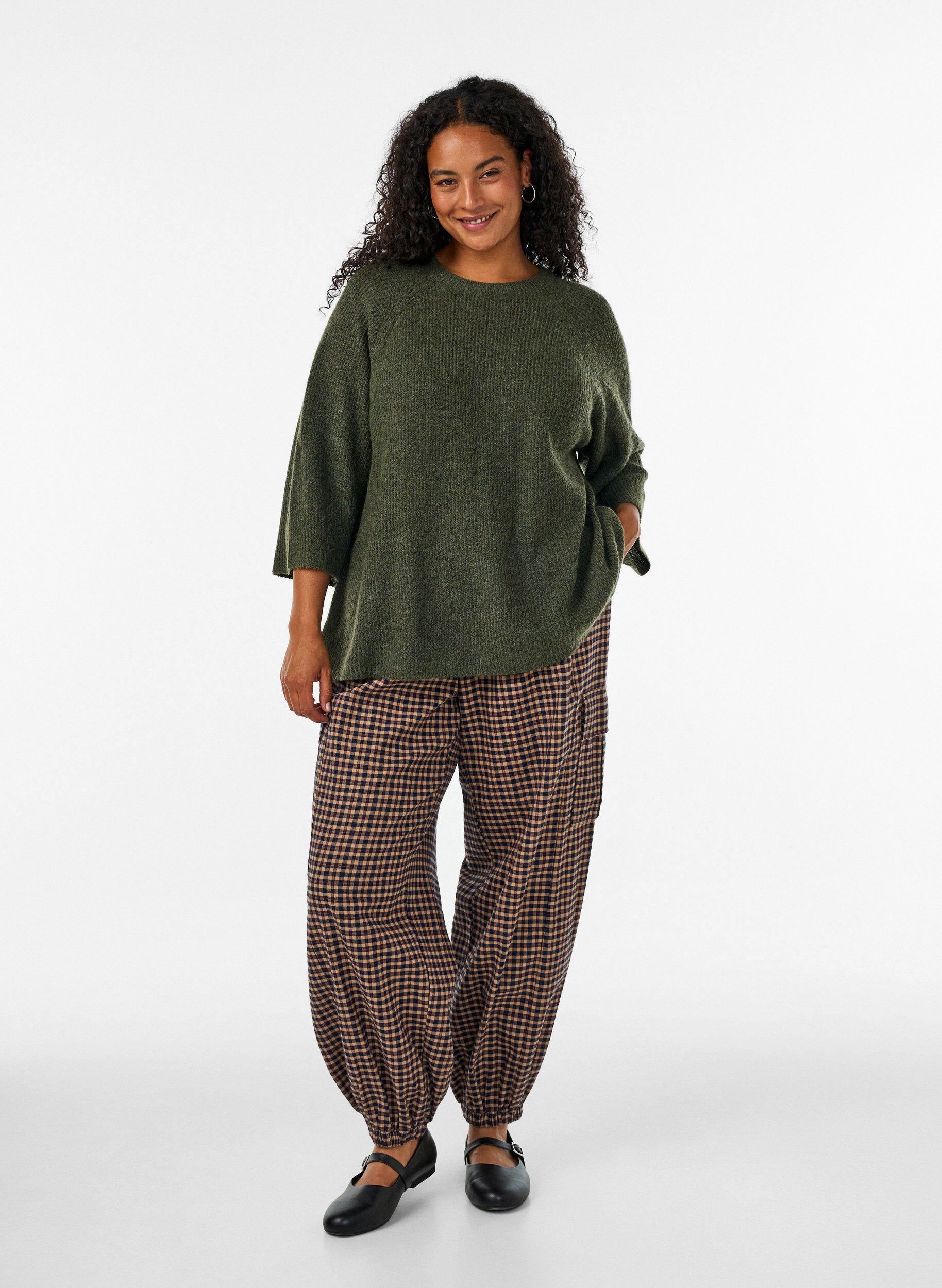 ZizziPrazkowany sweter z rekawami 3/4, Zielony, Model image number 1