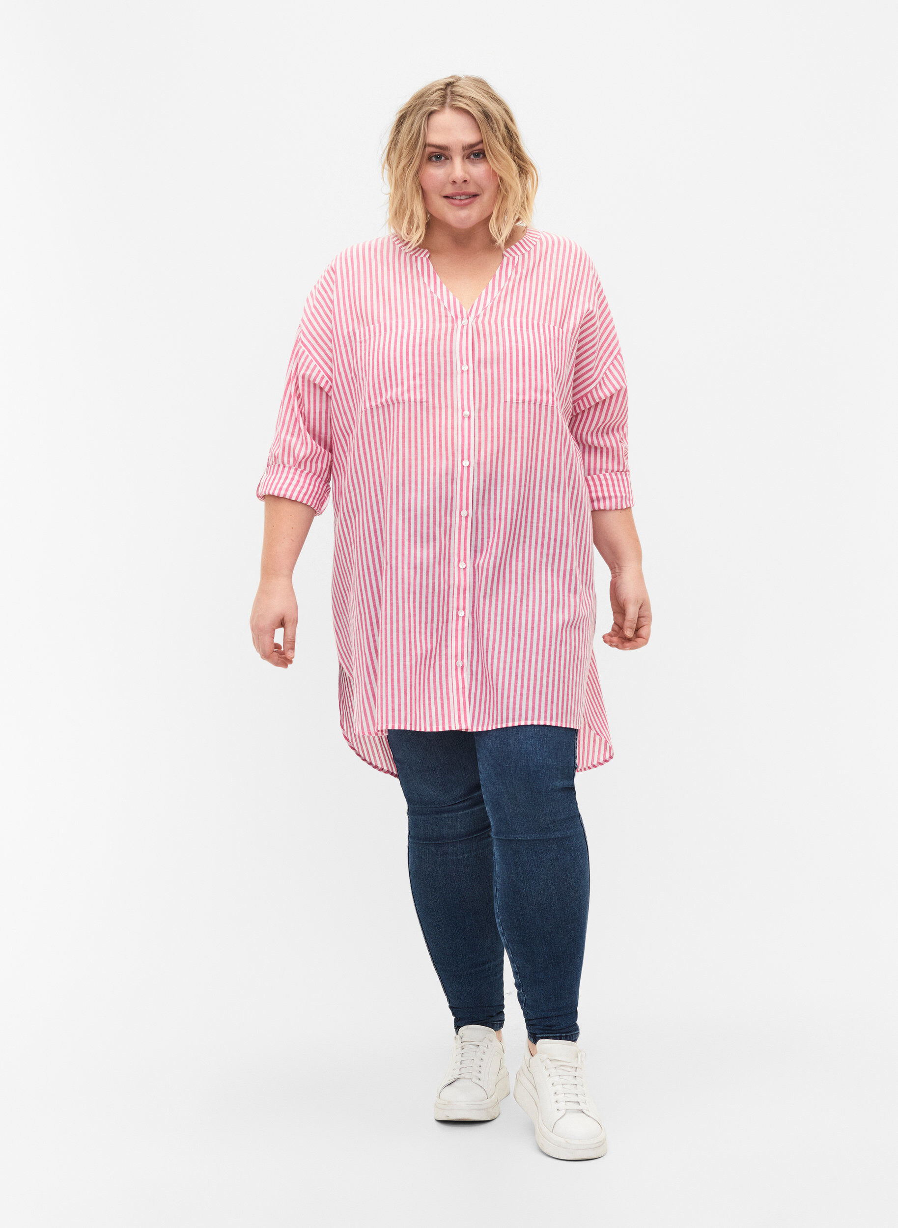 Zizzi Striped tunic with v neck and buttons, Beetroot Stripe, Model image number 3
