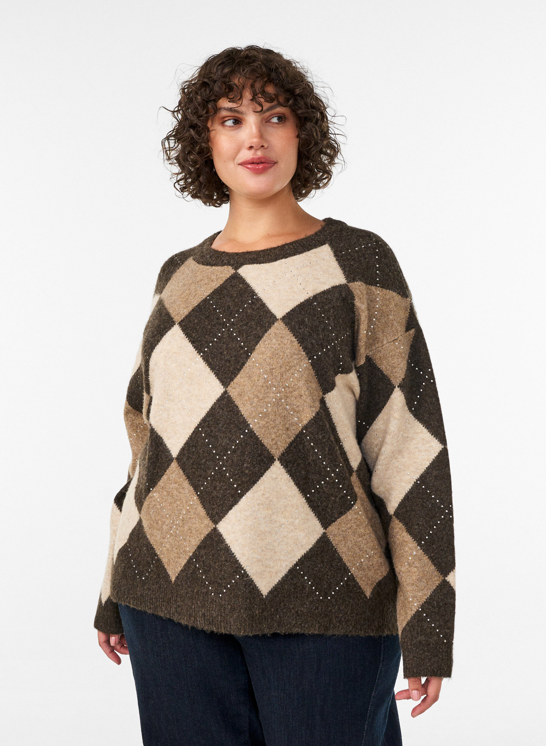 Sweterek dzianinowy w krate argyle i ze srebrnymi cekinami, Brązowy, Model