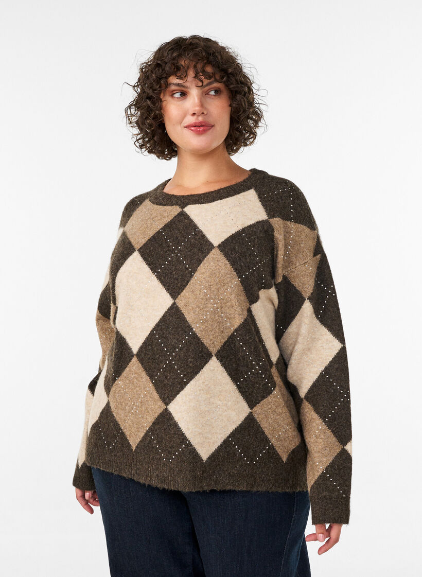 Sweterek dzianinowy w krate argyle i ze srebrnymi cekinami, Brązowy, Model image number 0