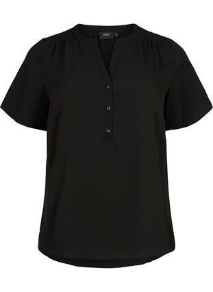Bluzka z krótkim rekawem i dekoltem w serek, Black, Packshot image number 0
