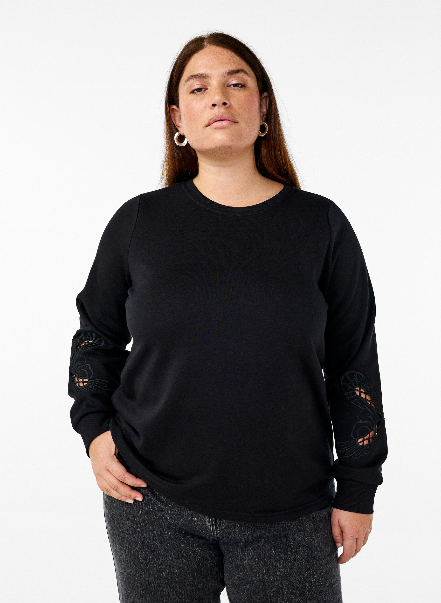 Zizzi Bluza z haftowanymi wycieciami, Black, Model image number 0