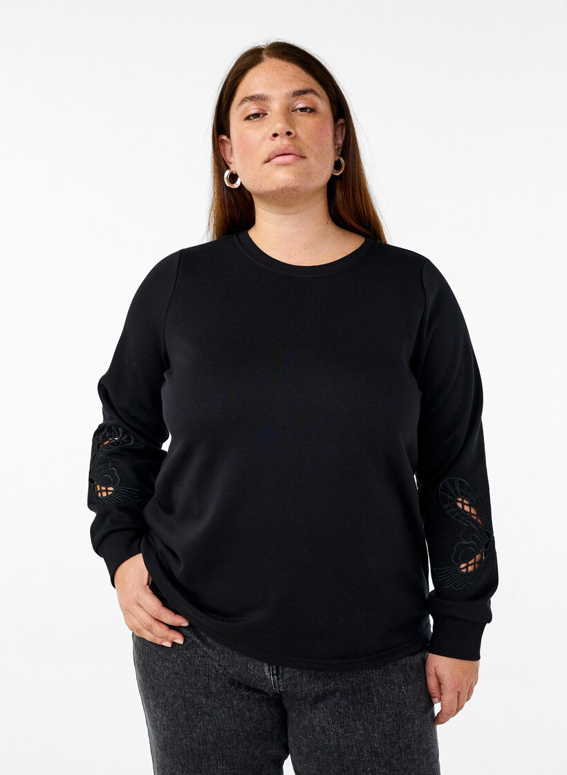 Bluza z haftowanymi wycieciami, Black, Model image number 0