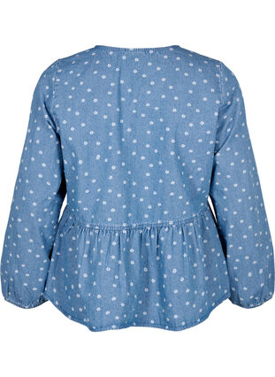 Dzinsowa bluzka z baskinka i wiazaniem, Light Blue w.Flowers, Packshot image number 1