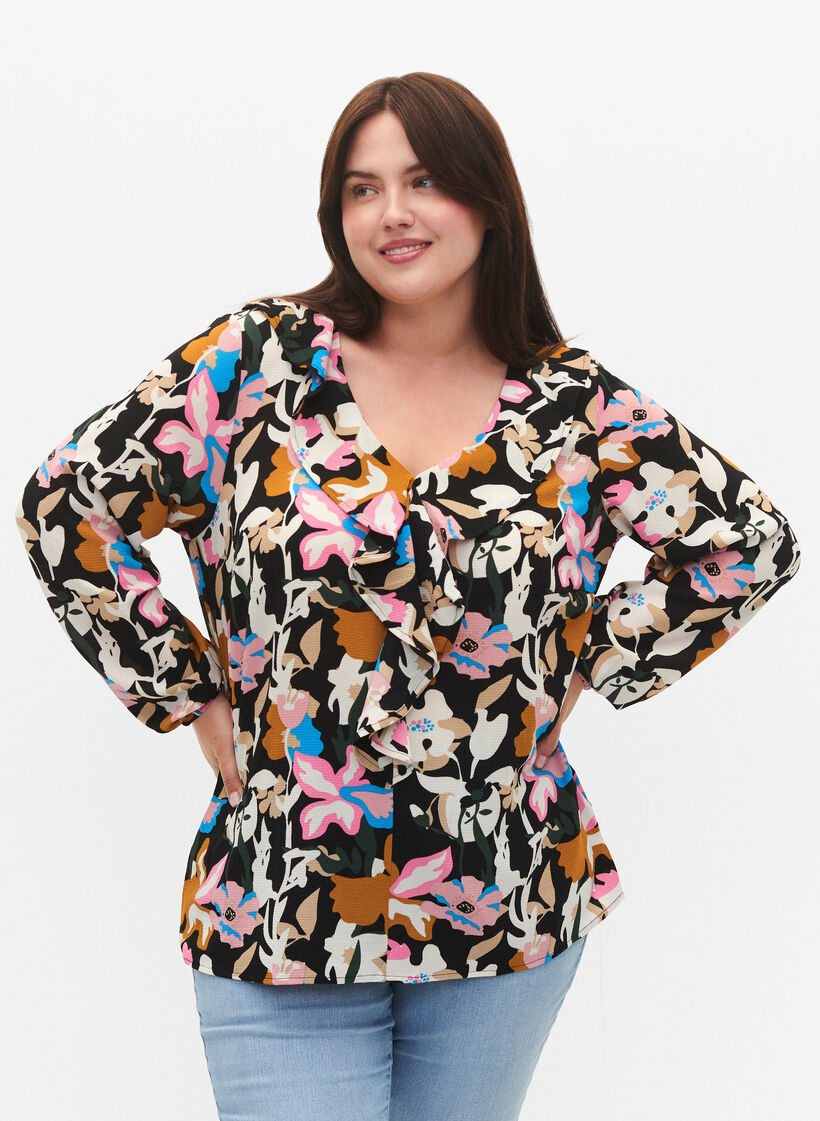 Bluzka z nadrukiem i marszczeniami, Black Multi Flower, Model image number 2