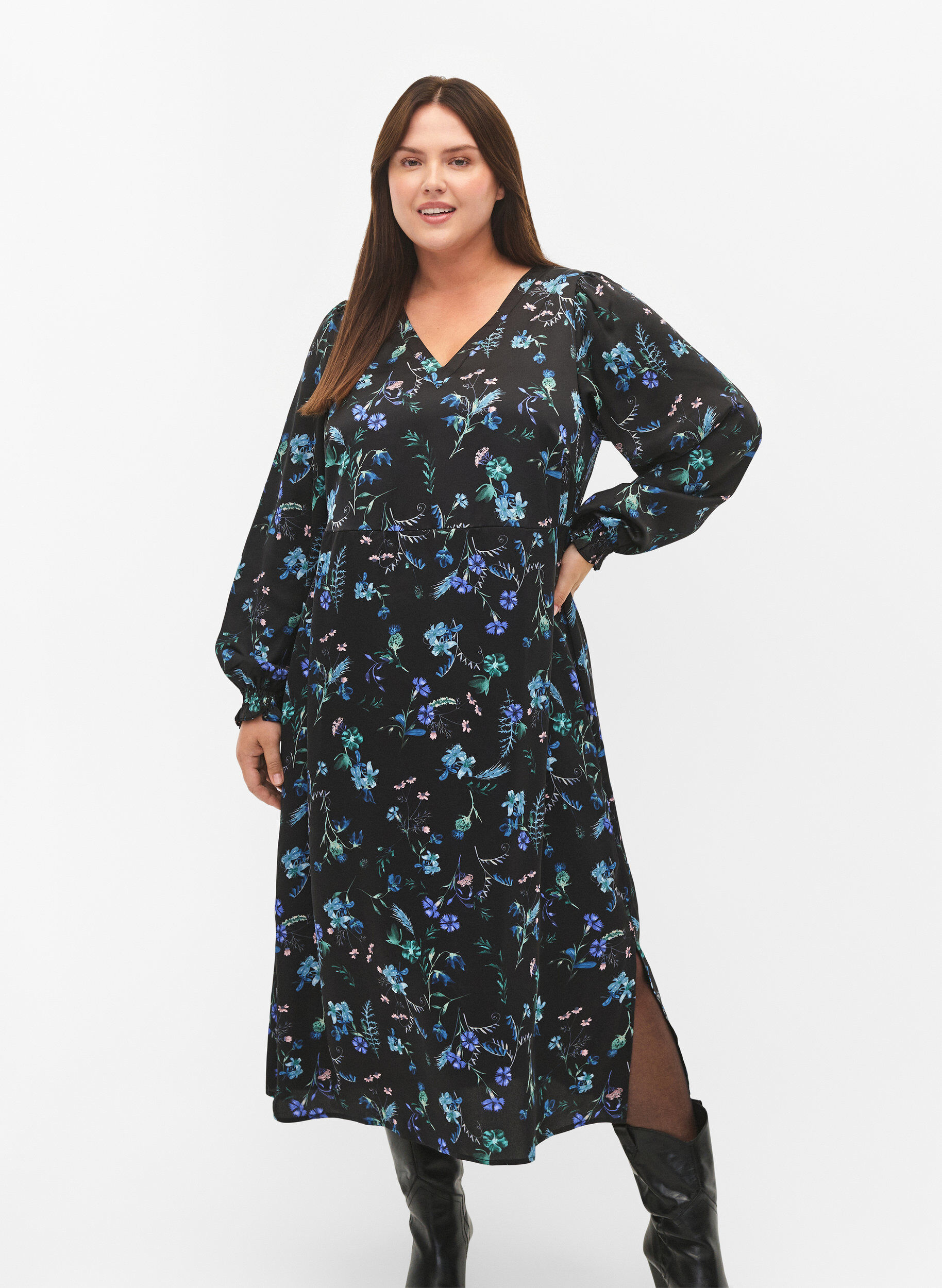 ZizziKwiecista sukienka midi z dlugimi rekawami, Blue Flower AOP, Model image number 2