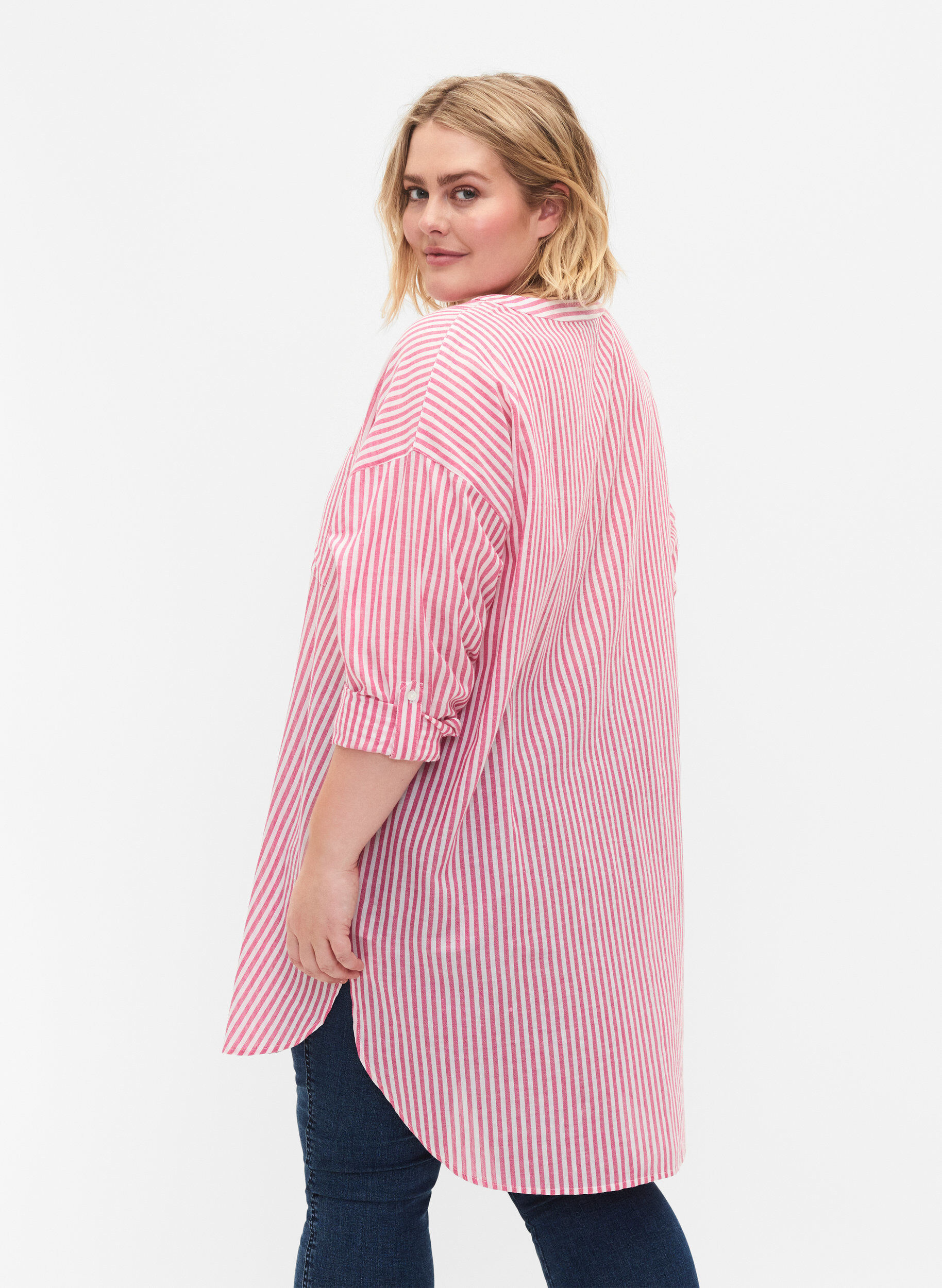 Zizzi Striped tunic with v neck and buttons, Beetroot Stripe, Model image number 1