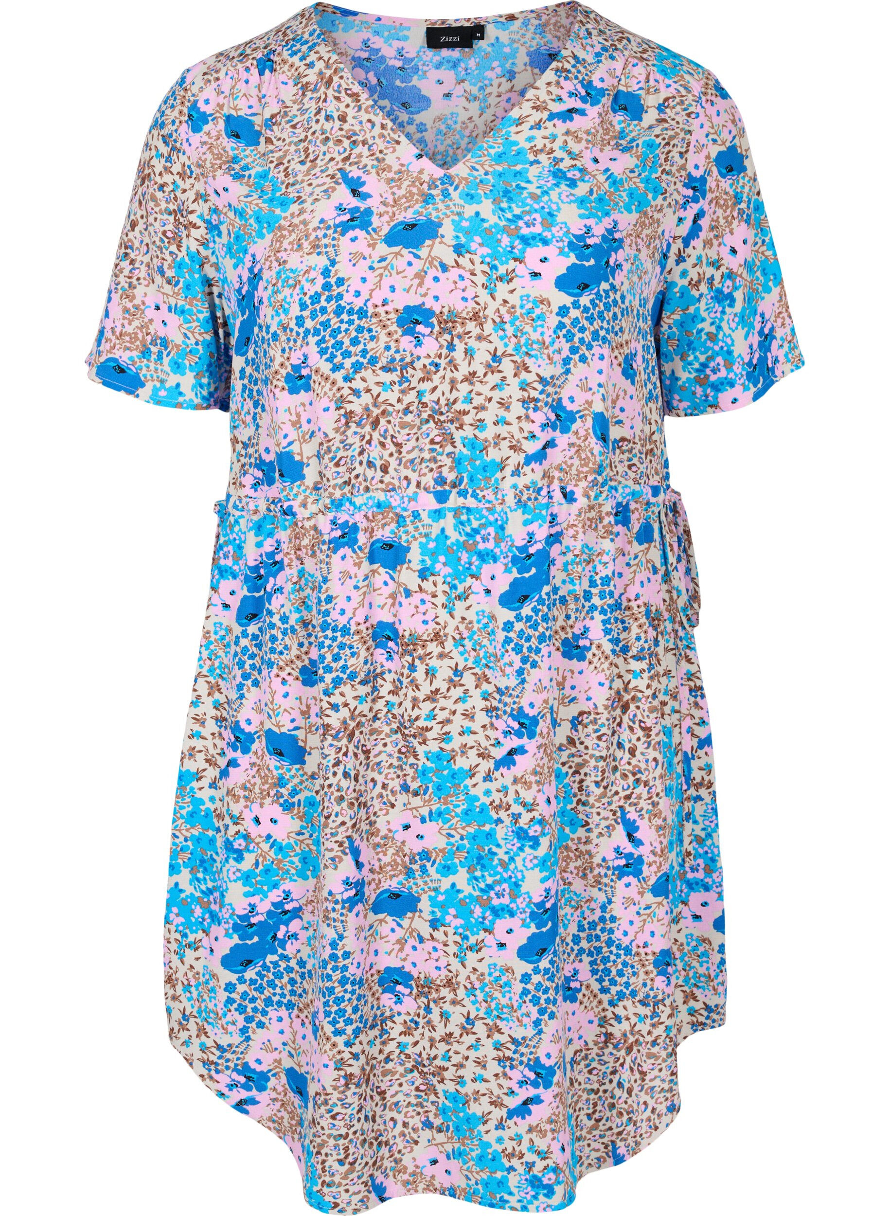 Zizzi Patterned dress with drawstring details, Blue Rose Flower, Packshot image number 0