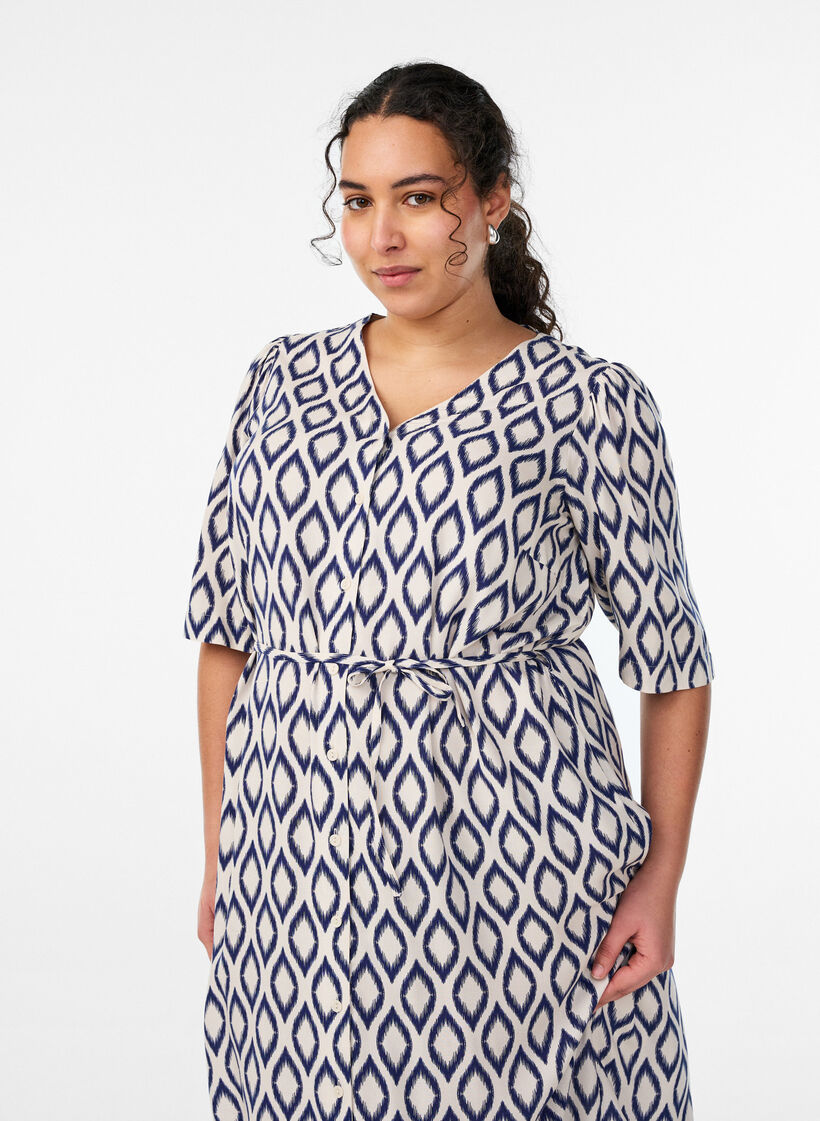 Sukienka midi z nadrukiem i wiazanym paskiem, Biały, Model image number 2