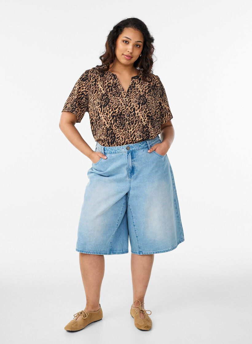 Bluzka z kr&oacute;tkim rekawem i dekoltem w serek, Brązowy, Model image number 1