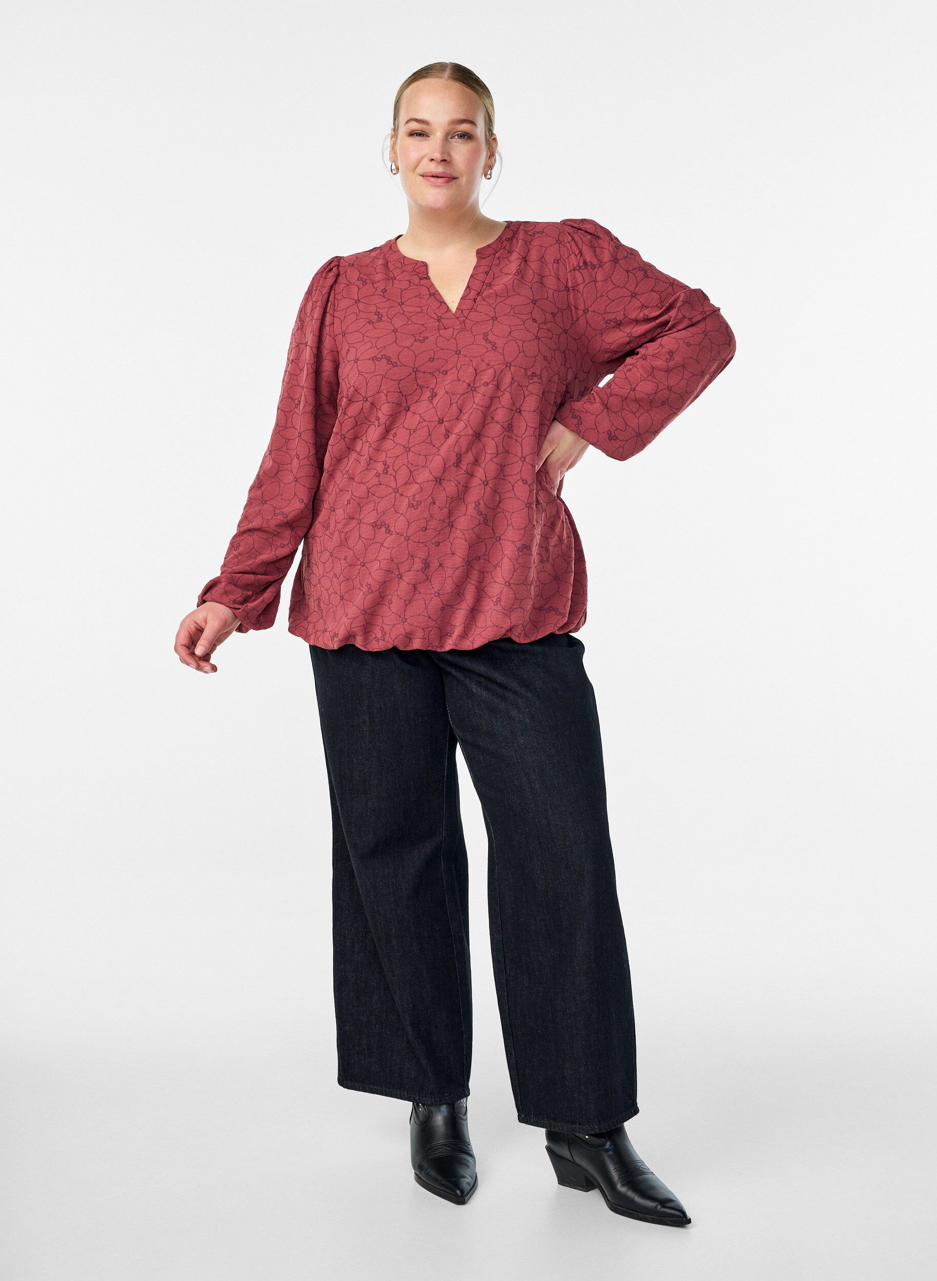 Zizzi Bluzka z dlugim rekawem i kwiatowym haftem, R&oacute;żowy, Model image number 1