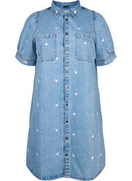 Jeansowa sukienka z haftowanymi sercami, Light blue denim, Packshot