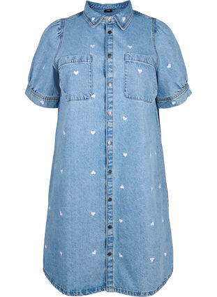 Jeansowa sukienka z haftowanymi sercami, Light blue denim, Packshot image number 0