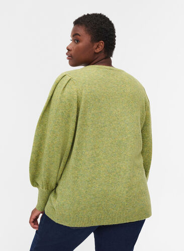 Melanzowy sweter z dzianiny z bufiastymi rekawami, Green Olive Mel., Model image number 1