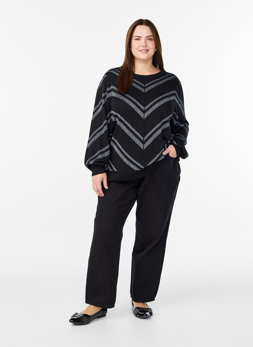 Bluzka z dzianiny ze wzorem z efektem brokatu, Czarne, Model image number 1