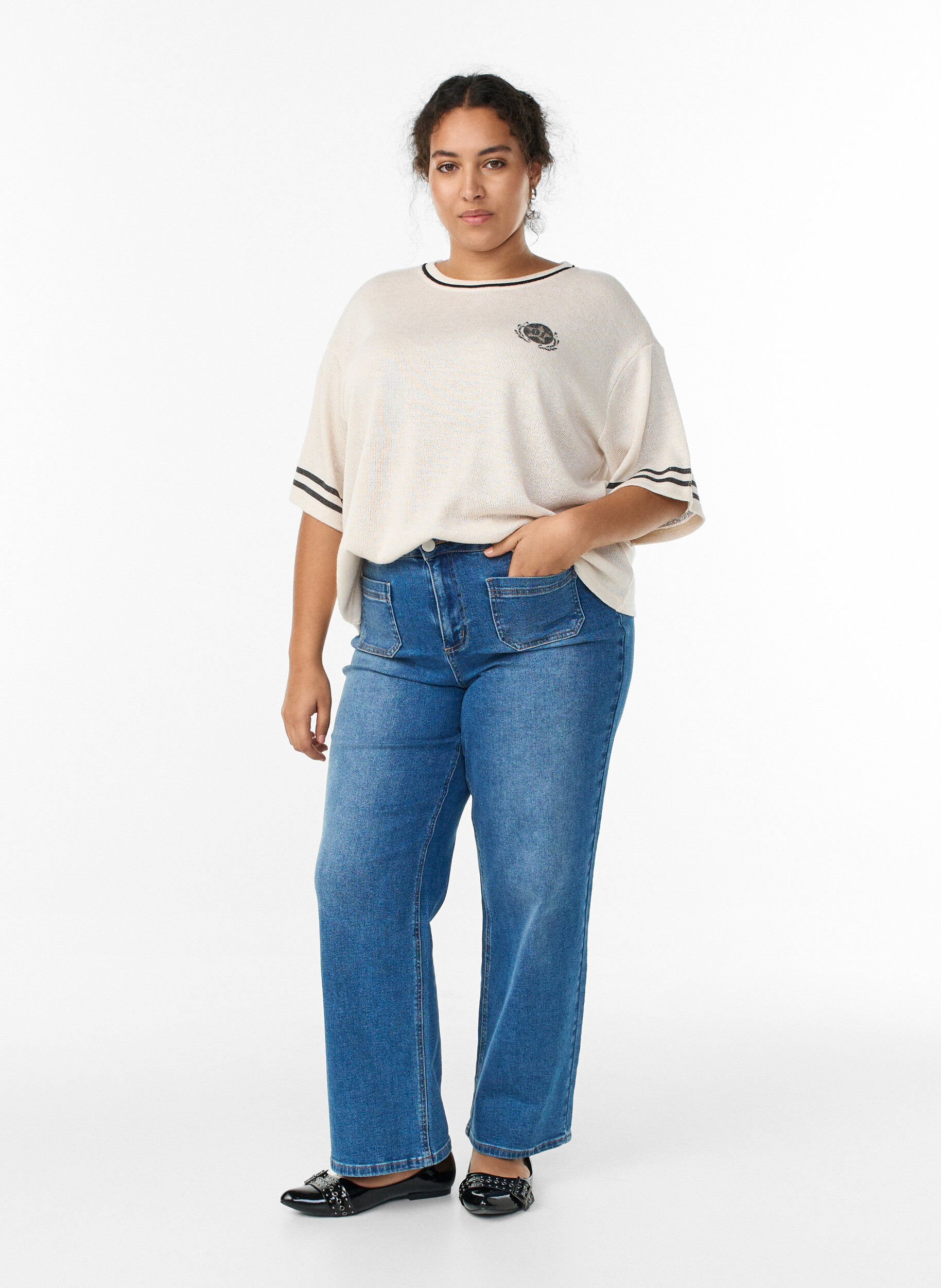 Zizzi Bluzka z kr&oacute;tkim rekawem i kontrastowymi paskami, Beżowy, Model image number 1