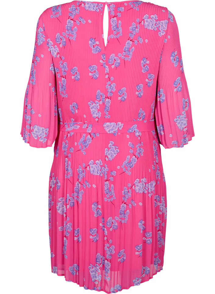 Wzorzysta plisowana sukienka z wiazaniem, Beetroot Purple AOP, Packshot image number 1