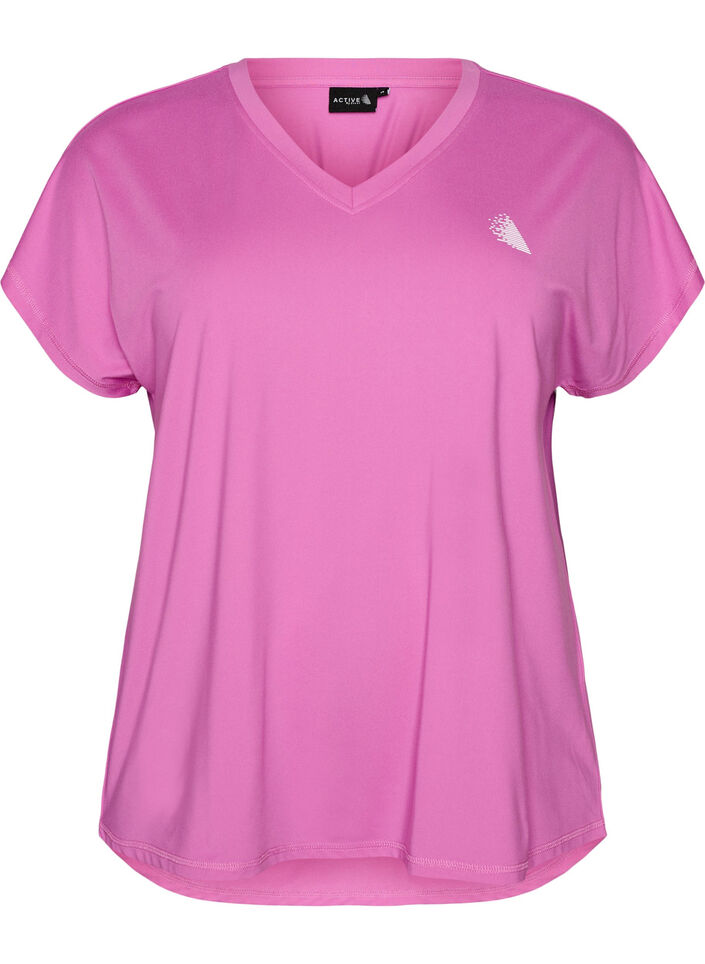 Sportowa koszulka z kr&oacute;tkim rekawem i dekoltem w ksztalcie litery V, Fioletowy, Packshot image number 0