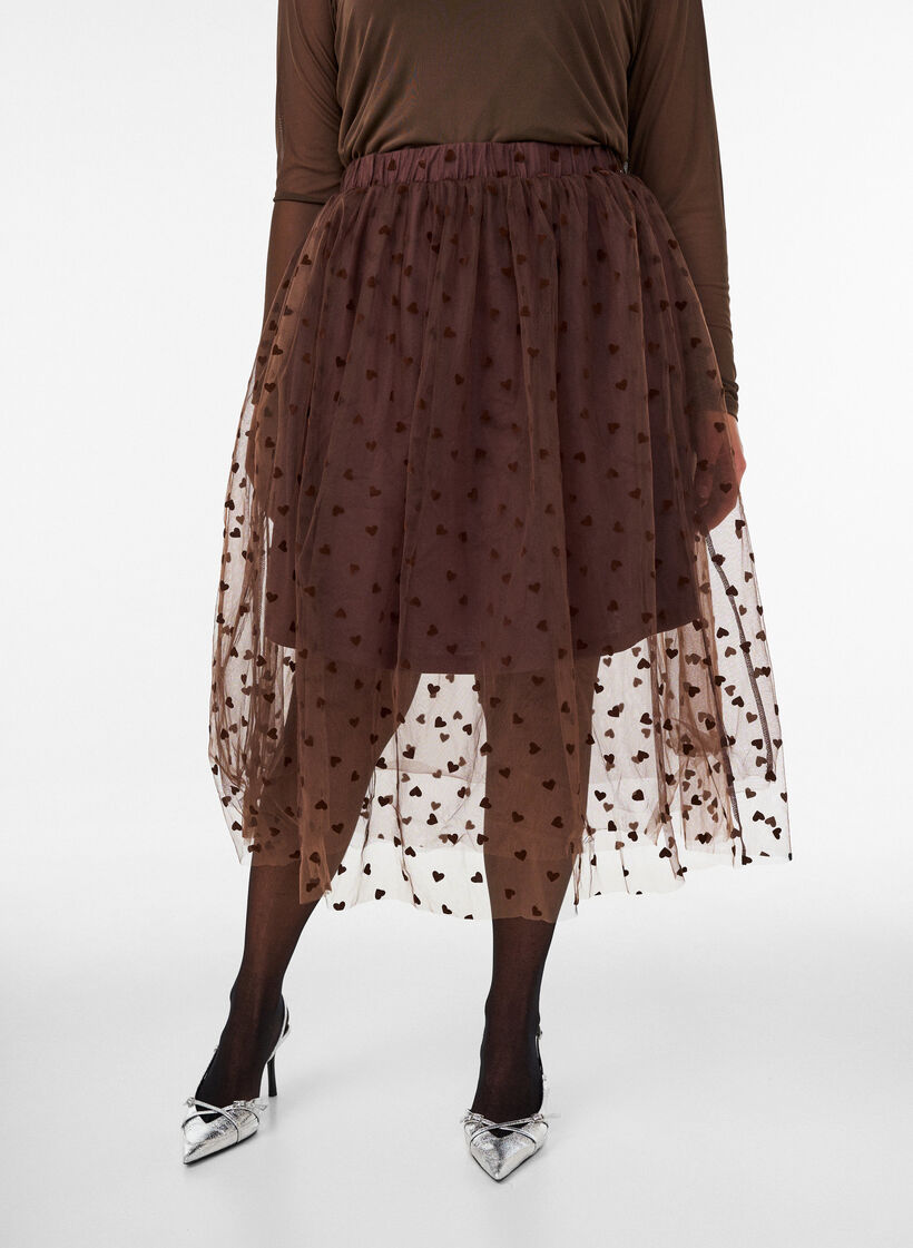 Tiulowa sp&oacute;dnica midi w serca, Brązowy, Model image number 0