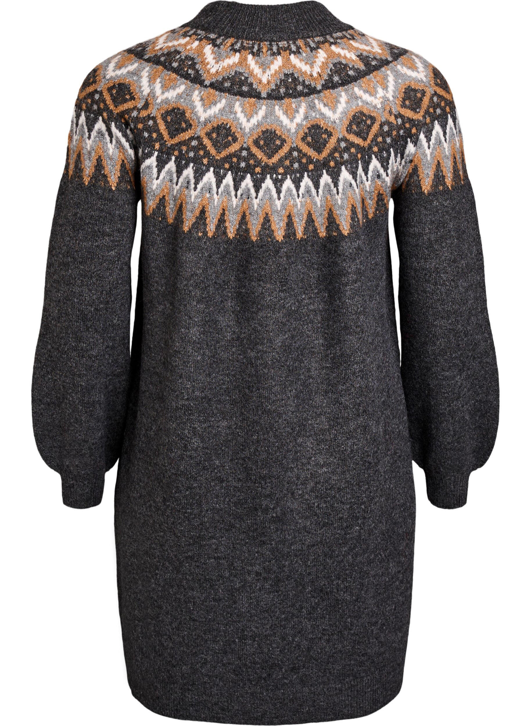 Zizzi Sukienka dzianinowa z wzorem zakardowym i rekawami balonowymi, Ciemnoszary, Packshot image number 1