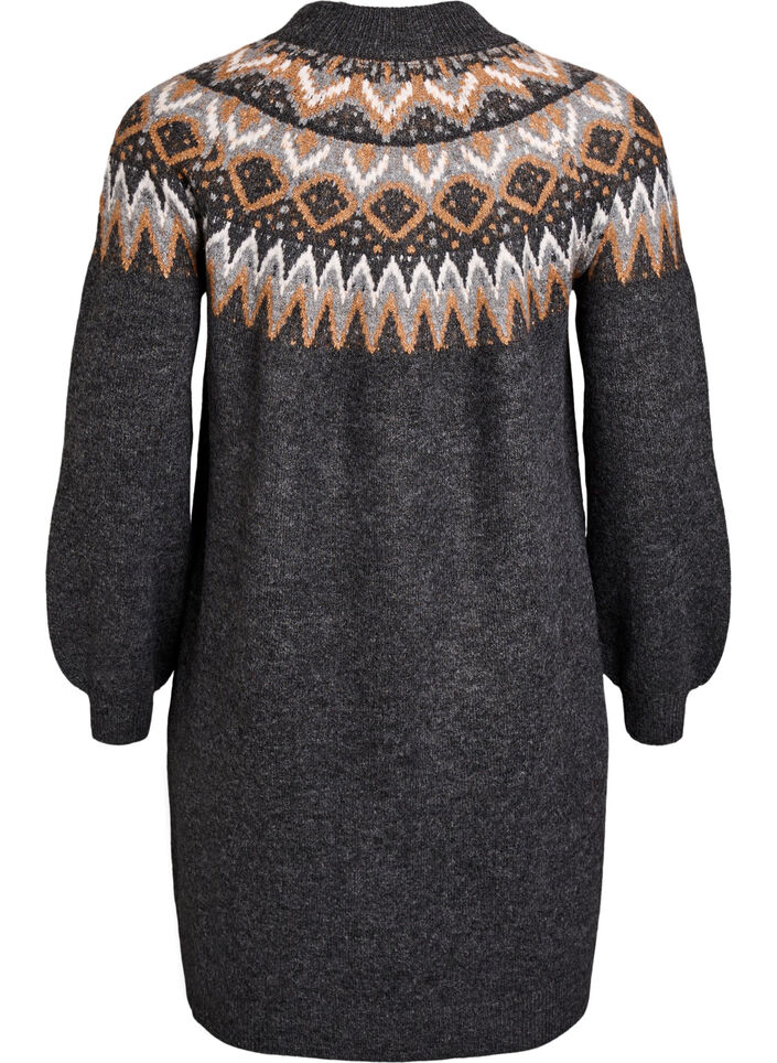 Sukienka dzianinowa z wzorem zakardowym i rekawami balonowymi, Ciemnoszary, Packshot image number 1