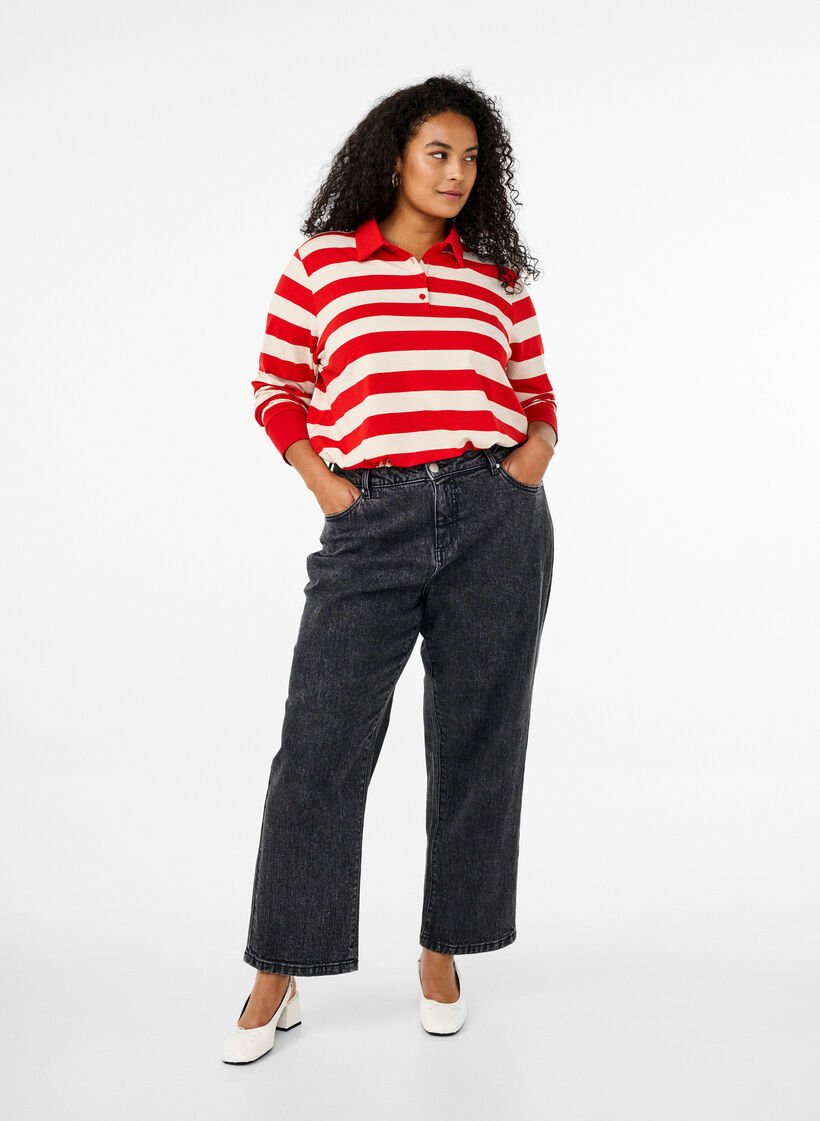 Polo z dlugim rekawem w paski, Czerwony, Model image number 1