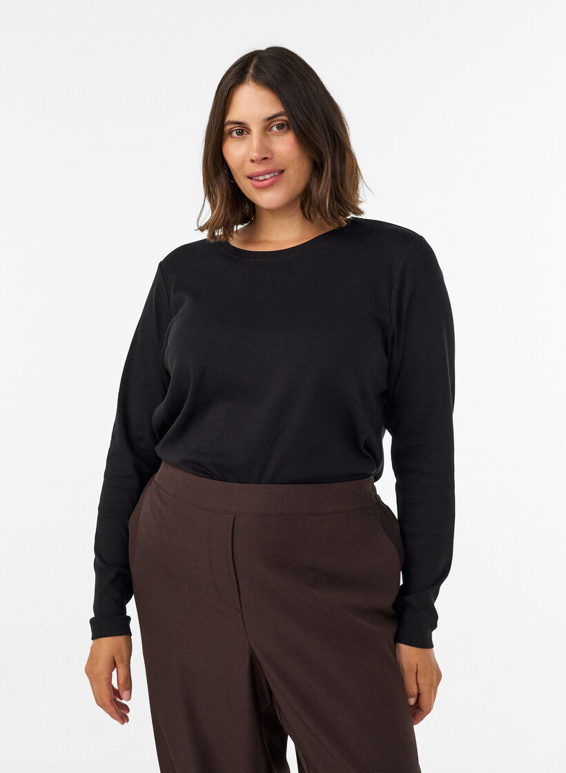 Basicowy T-shirt z dlugim rekawem i okraglym dekoltem, Czarne, Model image number 0