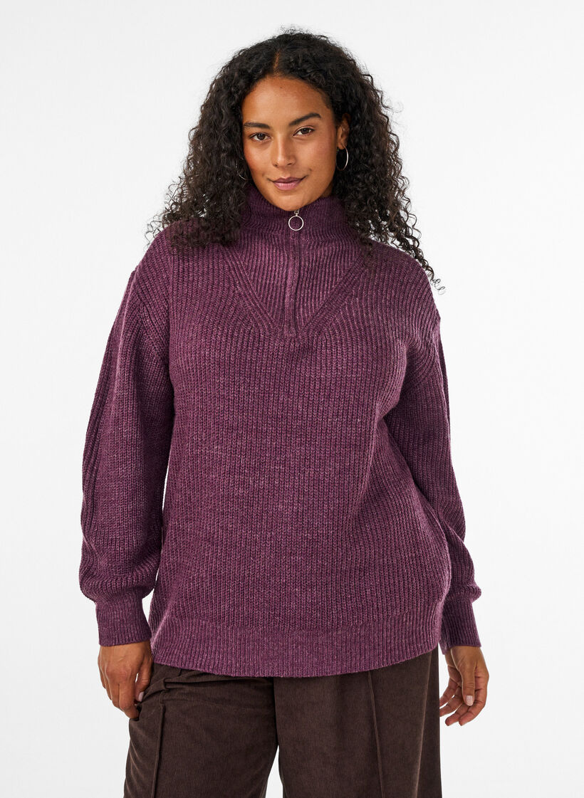 Sweter z wysokim kolnierzem i zamkiem blyskawicznym, Fioletowy, Model image number 0