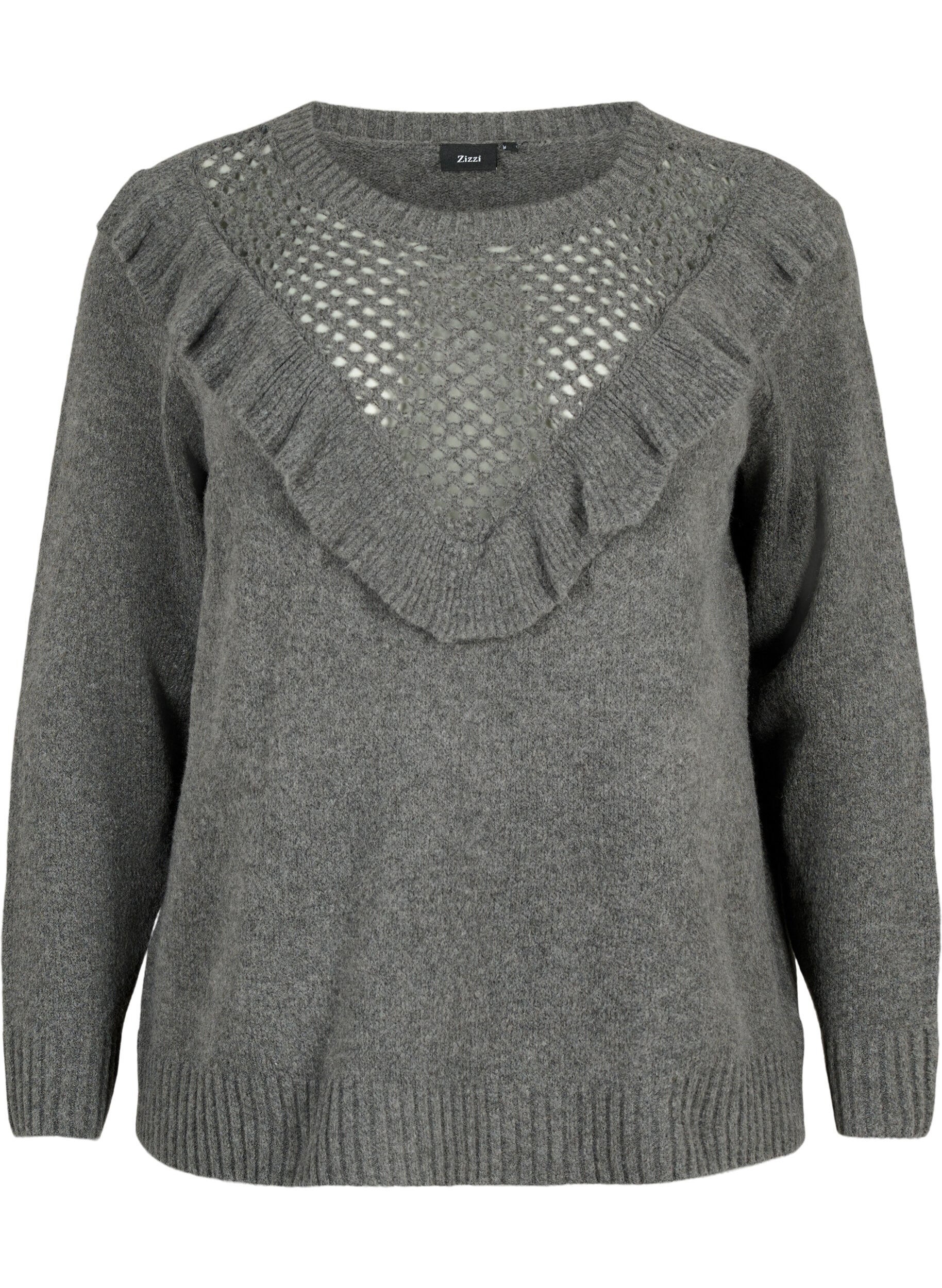 Zizzi Welniany sweter z dzianiny z falbana, Dark Grey Melange, Packshot image number 0